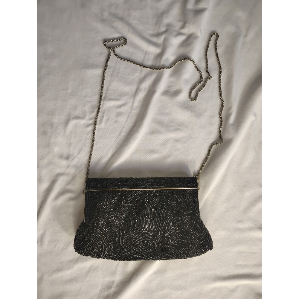 La Regale Vintage Black Beaded Evening Clutch Bag Silver Chain Strap